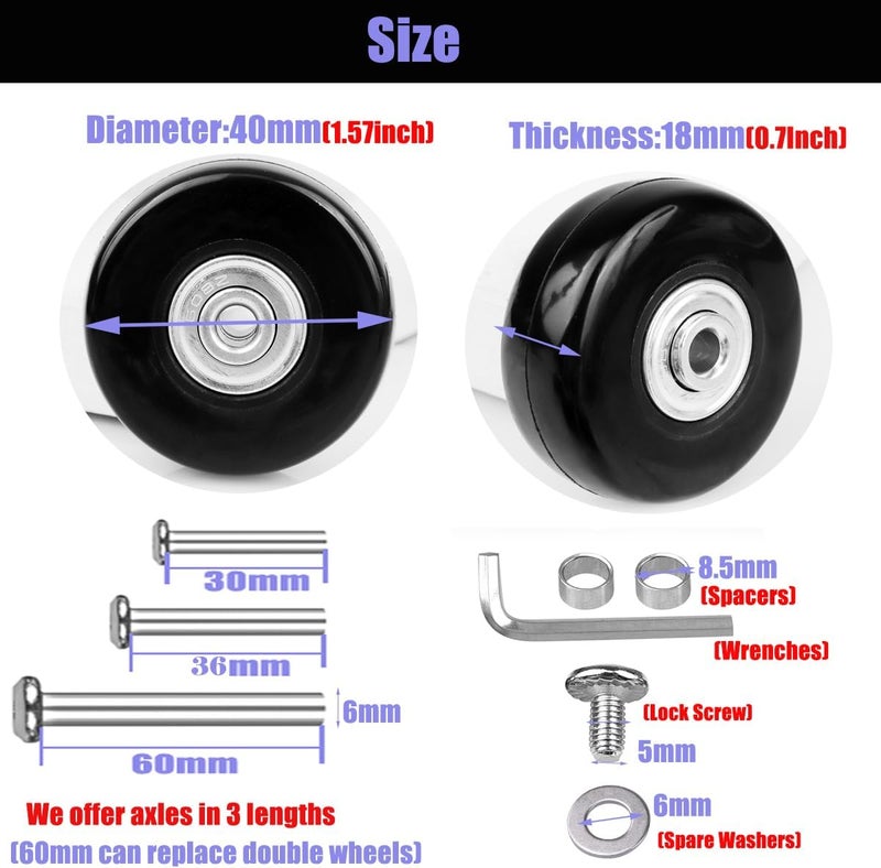 TOPGO 40mm x 18mm Luggage Suitcase Replacement Wheels, Rubber Swivel Caster Bearings Repair Kit - Set of 4 with 608ZZ Inline Skate Replacement Wheels & 3 Axles - Image 2